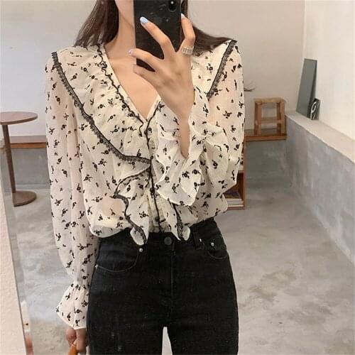 Alien Kitty V-neck French Ruffles Sweet Blouses Girls Flare Sleeves 2021 OL Women New Autumn Chic Office Lady Printing Florals