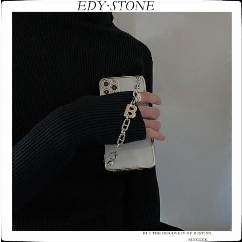 Wrist Strap Letter B Metal Chain Case For iphone 12Pro Max 12mini 11Promax XSMAX 6 7 8 Plus Anti-fall Transparent Phone Cases