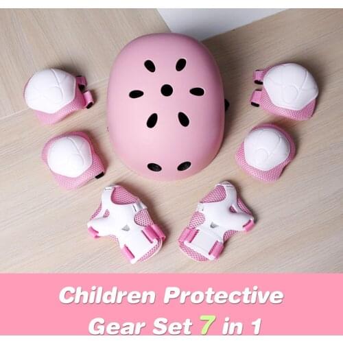 Children Protective Gear Set 7 in 1 Adjustable Helment Elbow Wrist Pads Knee Brace Support for Kids Skateboard Scooter Skating