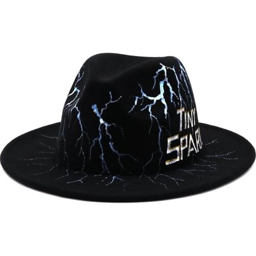 Simple painting Men Women Wide Brim Wool Felt Jazz Fedora Hats British style Trilby Party Formal Panama Cap Black Dress Hat