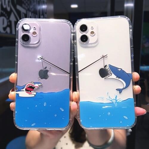 Cartoon Funny Shark Sea Phone Case For iPhone 12 11 Pro Max X XR XS Max 7 8 Plus 12 Mini Transparent Shockproof Soft TPU Cover