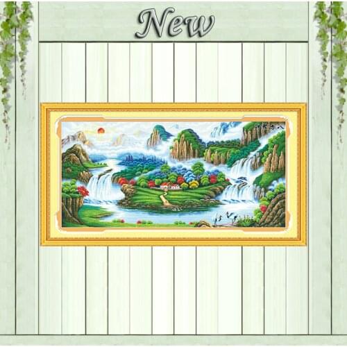 Mountain river Chinese style scenery painting Counted print on canvas DMC 14CT 11CT Cross Stitch Needlework kits Embroidery Sets