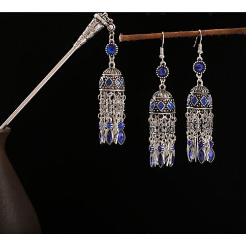Gypsy Indian Bell Dangle Earring And Hairpins Set Blue Rhinestone Tassel Earrings For Women Hair Stick For Hair Accessories Gift