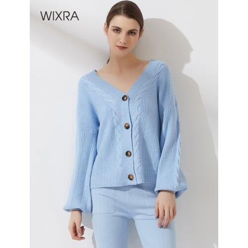 Wixra Women Single Breasted Lantern Long Sleeve Cardigan 2021 Autumn Winter New Knitwear V Neck Buttons Sweater Female Top