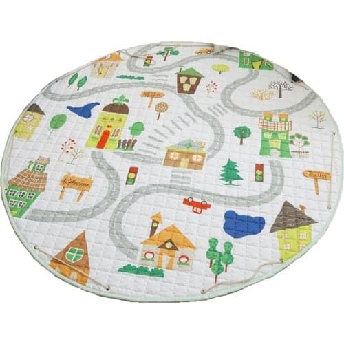 Round Carpet Cartoon Animals Fox/cat Pattern Baby Play Mats Child Crawling Blanket Toys Storage Bag Kid Room Decoration