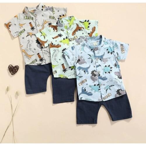 Summer Kids Boys Causal Clothes Sets 2pcs Dinosaur Printed Short Sleeve Single Breasted Shirts Solid Shorts 0-4Y