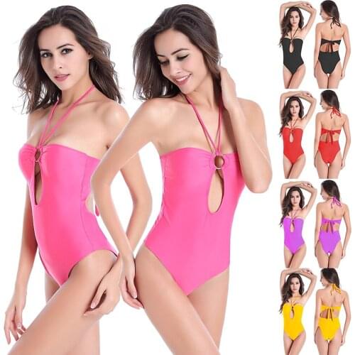 Hot Wholesale Ringed Center Swimsuit Hollow Back Bathing Suits Large Female Big Women High Cut Plus Size One Piece Fat Swimwear