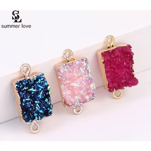 10PCS Wholesale Colorful Square Resin Stone Druzy Connector Charms for Bracelet Necklace Making Diy Jewelry Findings Accessories