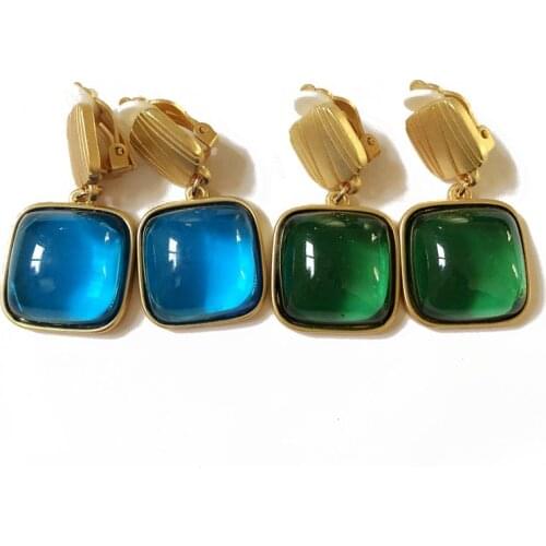 New Fashion Sweet Square Blue Green Clip Earring