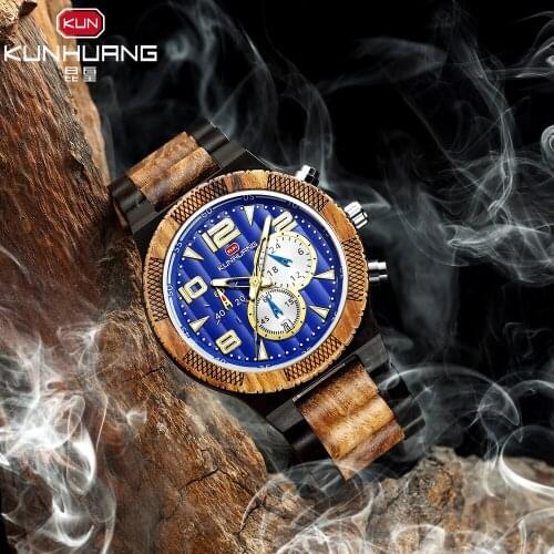 New Mens Watch Large Dial Sports Suit Multi-function Quartz Luminous Watch Clock Wooden Case Wrist Watch Relogio Masculino