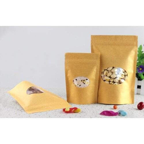 14*19+4cm 50pcs Stand Up Clear Window Brown kraft paper bags with Zipper lock for Food/Tea/Nut/Coffee Resealable Packaging Bag