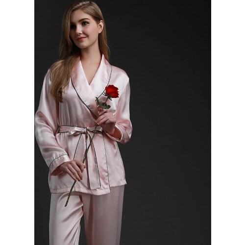 Silk Pajamas Suit Fashion Pajamas For Women Female Summer Two-piece Home Service Long Sleeve Korean Silk Pajamas Autumn Pink