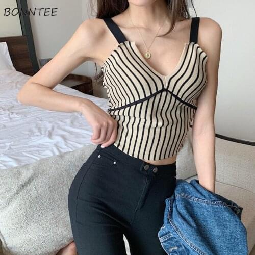 Camisole Women Sexy Striped Knitting Retro Exposed Strap Female Tops Summer Stretchy V-neck 5-colors Inside Girls Breathable Ins