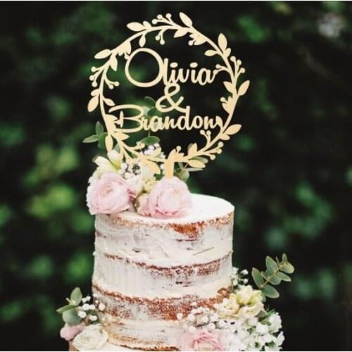 Custom Wooden Wreath Cake Topper Wedding , Names Cake Toppers