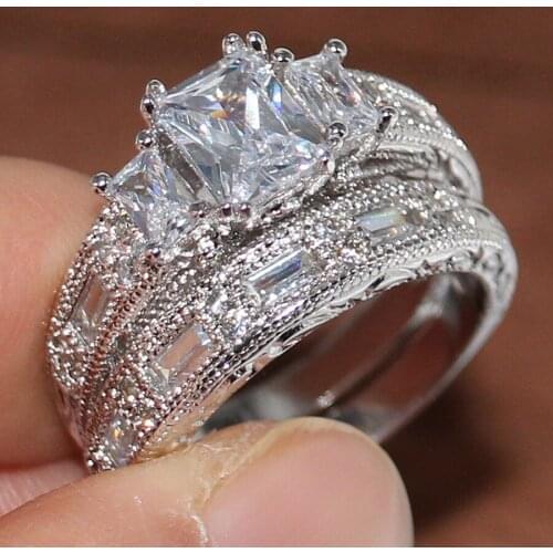 Size 5-11 Sparkling Couple Rings Vintage Jewelry Three Stone Princess Cut 5A CZ Zirconia Women Wedding Bridal Ring Set Gift