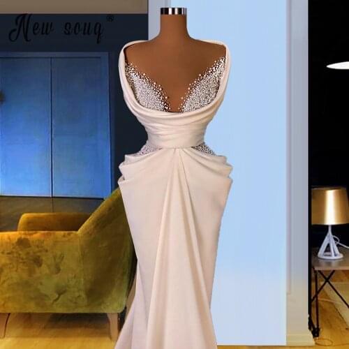 Pearls V Neck Sleeveless Ivory Long Evening Dress 2021 Floor Dress Evening Gowns Middle East Celebrity Dresses Custom Real Photo