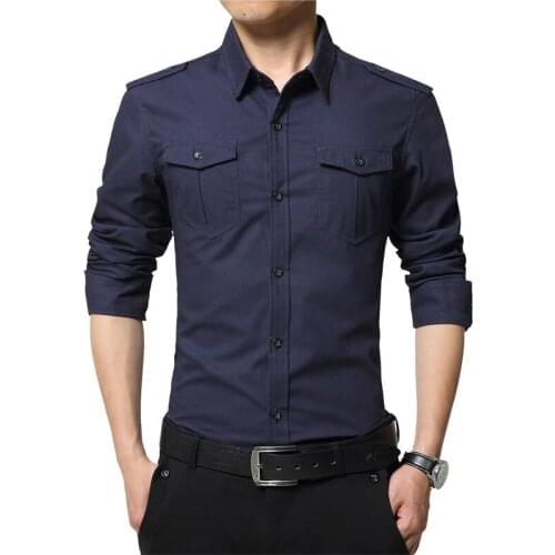 New Fashion Brand Mens Casual Shirts Long Sleeve Military Double Pocket 100% Cotton Linen Shirt Men Chemise Homme Fit Slim 4XL