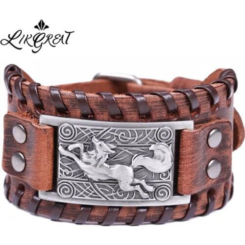 LIKGREAT Nordic Fox Heraldry Viking Bracelet Black Brown Wide Braid Genuine Leather Bracelet Cuff Bangle Talisman Amulet Jewelry
