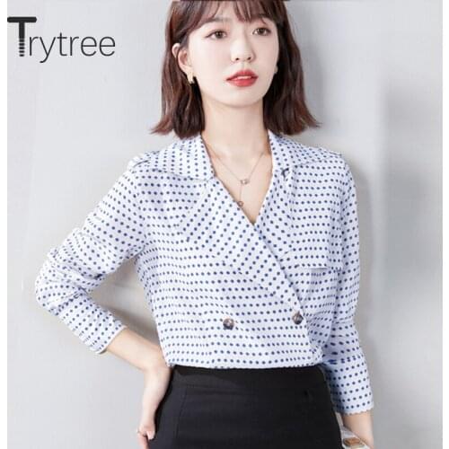 Trytree 2021 Spring Women Blouse Casual Notched Collar Ruffles Double Breasted Polka Dot Shirts Office Lady Silky Tops For Women