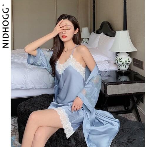 Woman Sleepwear Sets Solid Cool Strap V-neck Lace Bathrobe Autumn Satin Dress Sleepwear Robe Sets Womens Two Piece Sleep Set