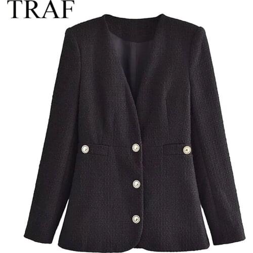 TRAF ZA Womens Jackets Autumn 2021 Solid Long-sleeved Blazer Elegant Loose Coats Single Breasted Blazers Ladies Commuter Jacket