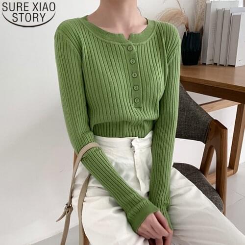 Sweater Pullover Fashion 6 Colors 2021 New Sweet Women Long Sleeve Knitted Bottoming Shirt Button O-Neck Sweaters Women 10973