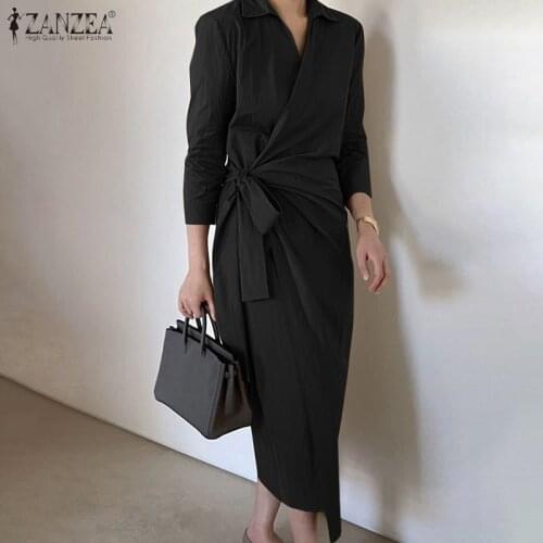 ZANZEA Elegant Women OL Mid-calf Dress Spring Fashion Lace Up Sundress Solid Lapel Neck 3/4 Sleeve Work Party Vestidos