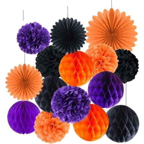 METABLE 15PCS Halloween Decorations Hanging Pom Poms Honeycomb Balls Garland Tissue Paper Fan Flower for Birthday Party Supplies