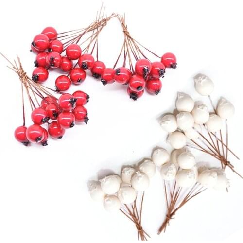 50pcs 1cm Mini Artificial Flowers Stamens Pearl Foam Red Berry Cherry Fruit for Wedding Christmas Wreath DIY Gift Box Decoration