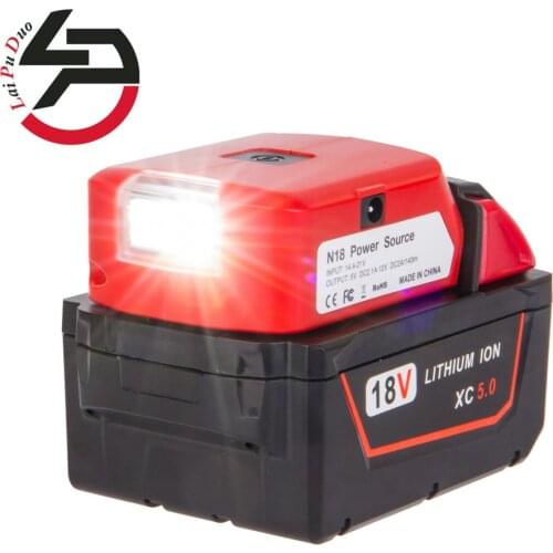 For Milwaukee 18V Li-ion Battery M18 Adapter LED Light Work Lamp Flashlight Torch USB Mobile Phone Charger DC12V
