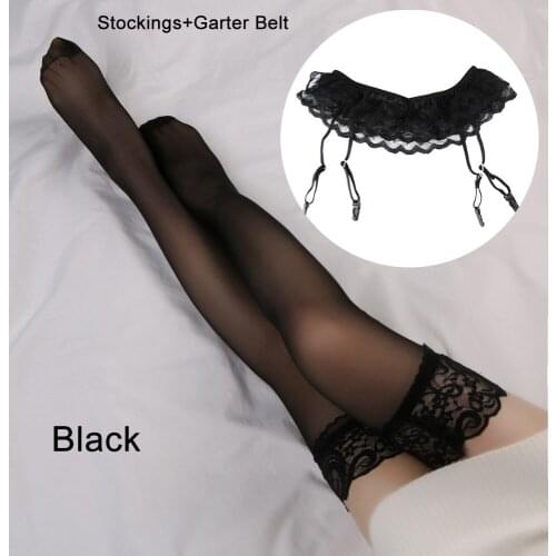 Fishnet Stockings Fashion Women Sexy Lace Soft Top Thigh-Highs Stockings + Suspender Garter Belt Lady Black Solid Stocking Set
