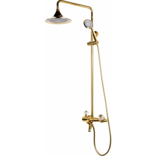 Free ship Luxury gold clour Rainfall shower tub faucet mixer tap with Rain Showerhead+Handheld Double Crystal handles