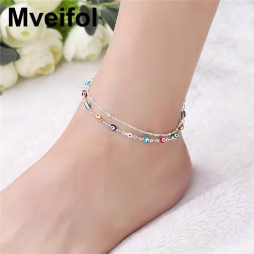 Bohemian Double Layers Turkish Eyes Anklets for Women Colorful Evil Eye Anklet Foot Leg Ankle Bracelet Summer Beach Jewelry