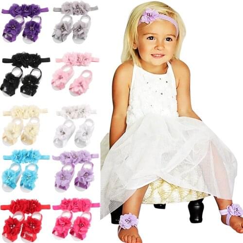 Baby headdress and foot flower set Three pearls hand-sewn flower headband and footband