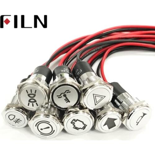 FILN 50pcs 14mm Lamp 12V red yellow LED different type symbol Signal Lights Instrument Pilot light with car symbol