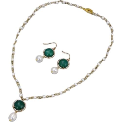 GG Jewelry Natural White Pearl Green Jades CZ Rice Pearl Pendant Necklace Earrings Sets For Women