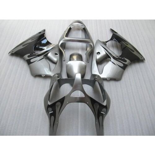 Injection mold Fairing kit for Kawasaki ZX 6R 2000-2002 black flames in silver aftermarket ZX-6R zx6r 00 01 02 fairings set AA38