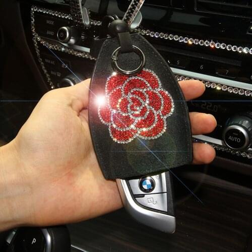 Leather Key Case for Car with Flowers Key Bag Diamond Fashion for Car Interior Key Set