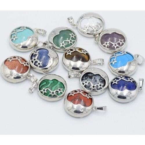 Round Hollow Natural Amethysts Stone Star Moon Charms Inlaid Alloy Disc Bead Necklace Pendant Reiki Chakra Yoga Female Jewelry