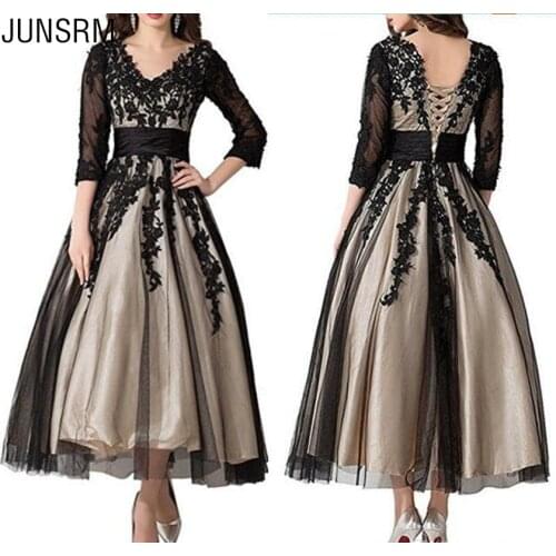 New Arrival 3/4 Long Sleeve Black Lace Mother of the Bride Dress Ankle Length V Neck Lining Wedding Guest Dress Special Occasion