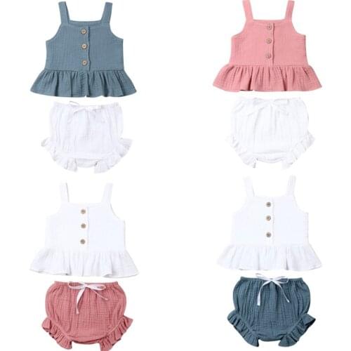 2PCS Summer Baby Girl Clothes 6M-5Y Button Solid Sleeveless Crop Top Striped Short Pants Outfit Clothe