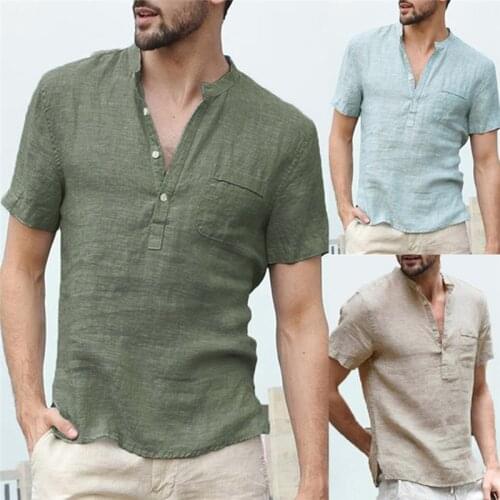 Mens Flax Linen T-Shirt Casual V-Neck Button Down T-Shirts Slim Fit Cotton Linen Short Sleeve Basic Top