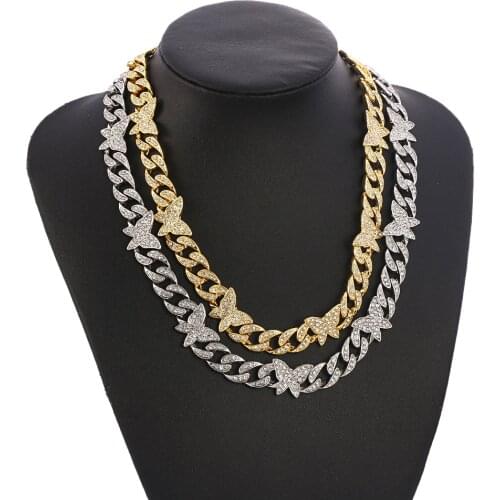 Hip-hop Cuban Crystal Butterfly Necklace Iced Out Shine Fashion For Women Charm Collar Choker Delicacy Bar Rock Cool Accessories