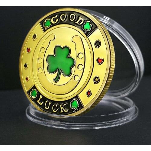 Casino Poker Chips Gold Plated Commemorative Coins Shamrock Lucky Poker Card Guard Souvenir Gifts