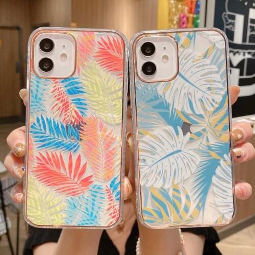 Banana Leaf Vintage Flower Clear Phone Case For iPhone 12 11 Pro XR XS Max X 7 8 Plus Soft Plating Bumper Cute Back Cover Case