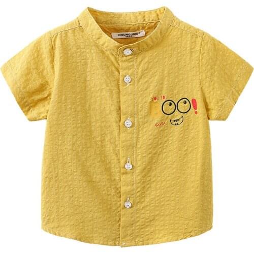 Summer Soft Boys Shirts Childrens Clothes Kids Tops Outwear Madarin Collar Yellow Blue Size 2 3 4 5 6 7
