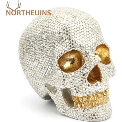 NORTHEUINS Resin Sequins Skeleton Skull Statues Silver Head Figurines for Desk Room Decoration Modern Home Decor Accessories