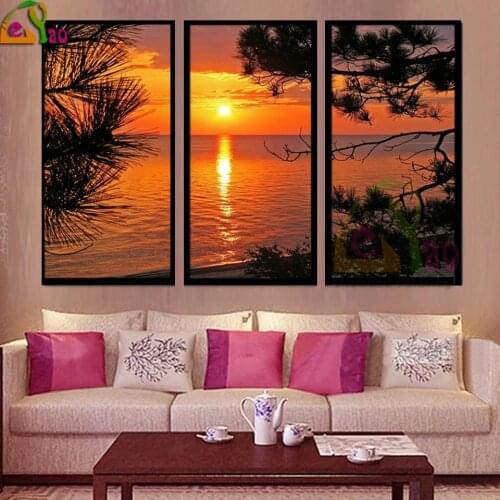 Triptych Sunset On The Lake Landscape Diamond Painting Cross Stitch Full Drill Diamond Embroidery Mosaic Handicraft Home Decor
