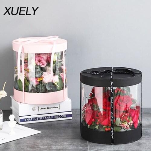 XUELY Artificial flower box round transparent bucket flower Rose Bear gift box Flower packaging material Christmas Gift wedding