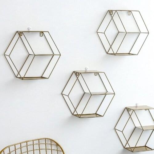 Iron Hexagonal Grid Wall Shelf Wall Hanging Geometric Hexagonal Figure Wall Shelf Home Living Room Background Decor Storage Rack